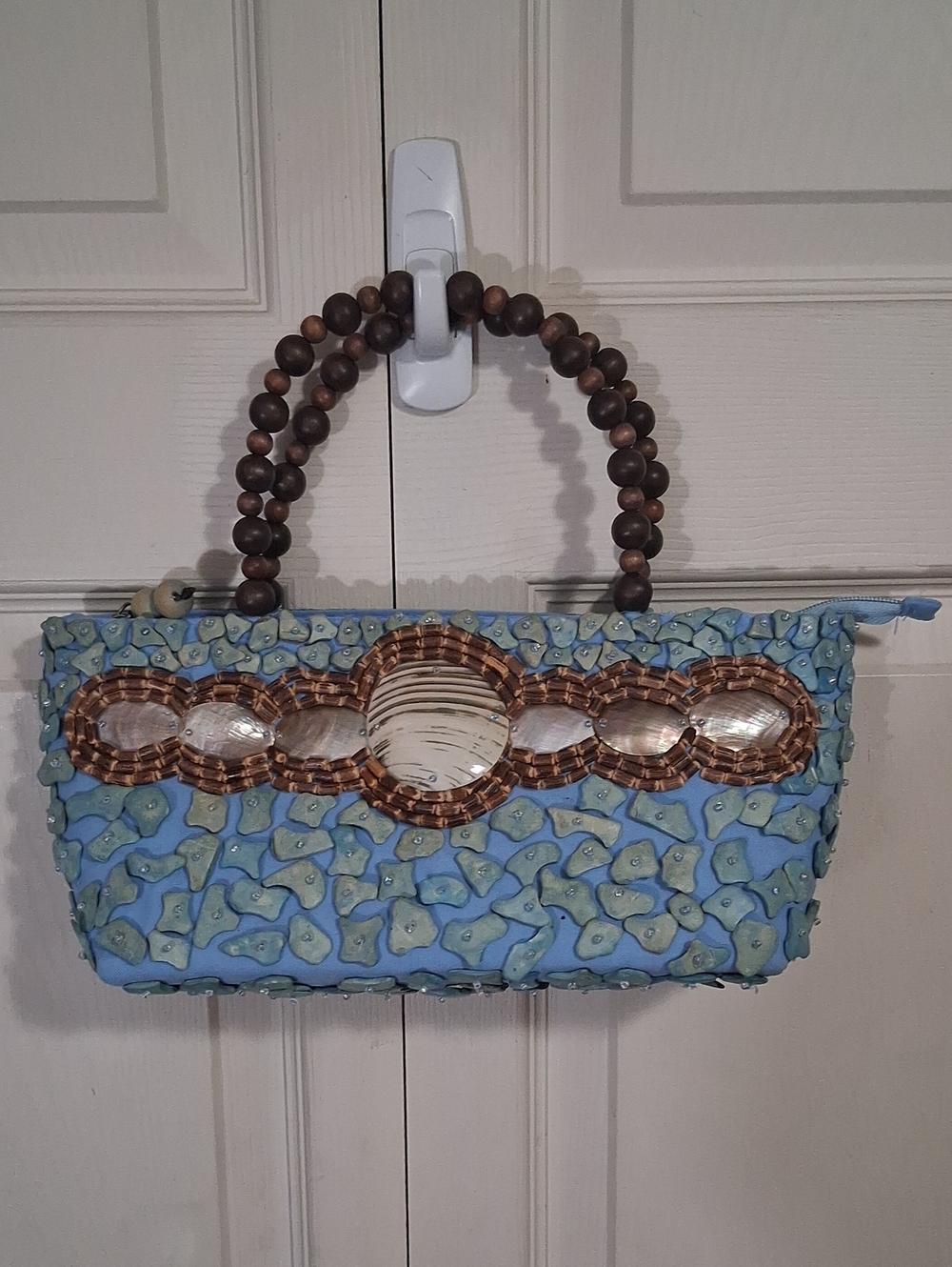 Vintage Sun N Sand Beaded Shell Tote Bag - Wood Handle - Blue Brown